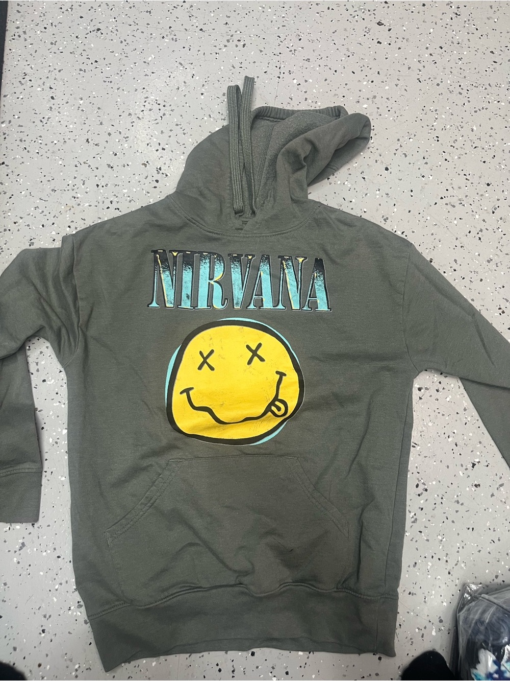 Nirvana Kids Olive Green Pullover Hoodie with Yellow Smiley Logo